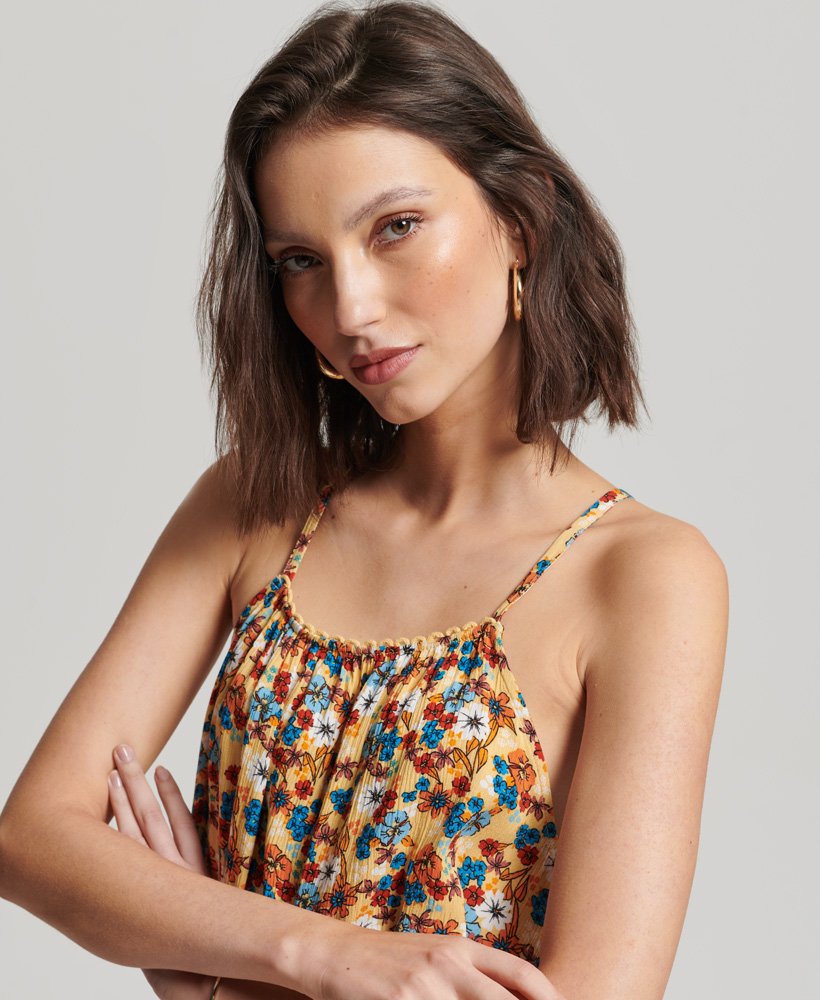halter strandtopje in jaren 70 gele bloemenprint