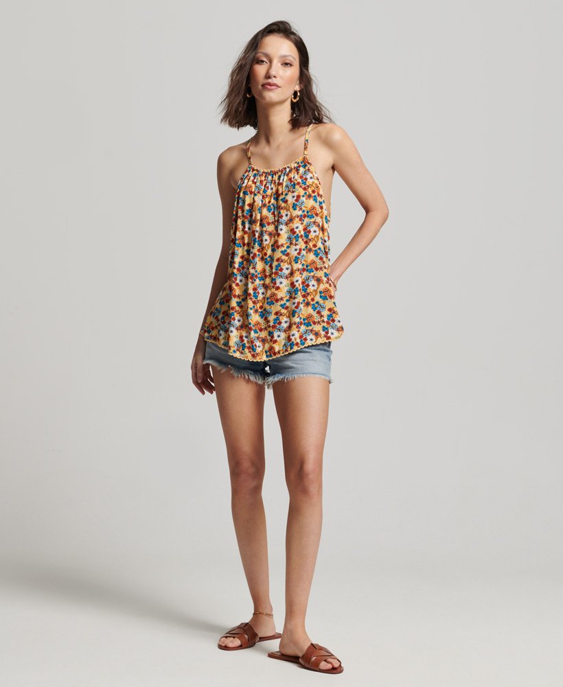 halter strandtopje in jaren 70 gele bloemenprint