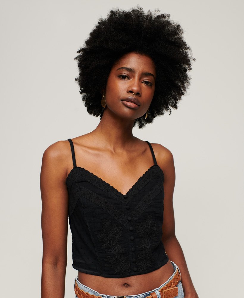 vintage geborduurd camisoletopje in zwart
