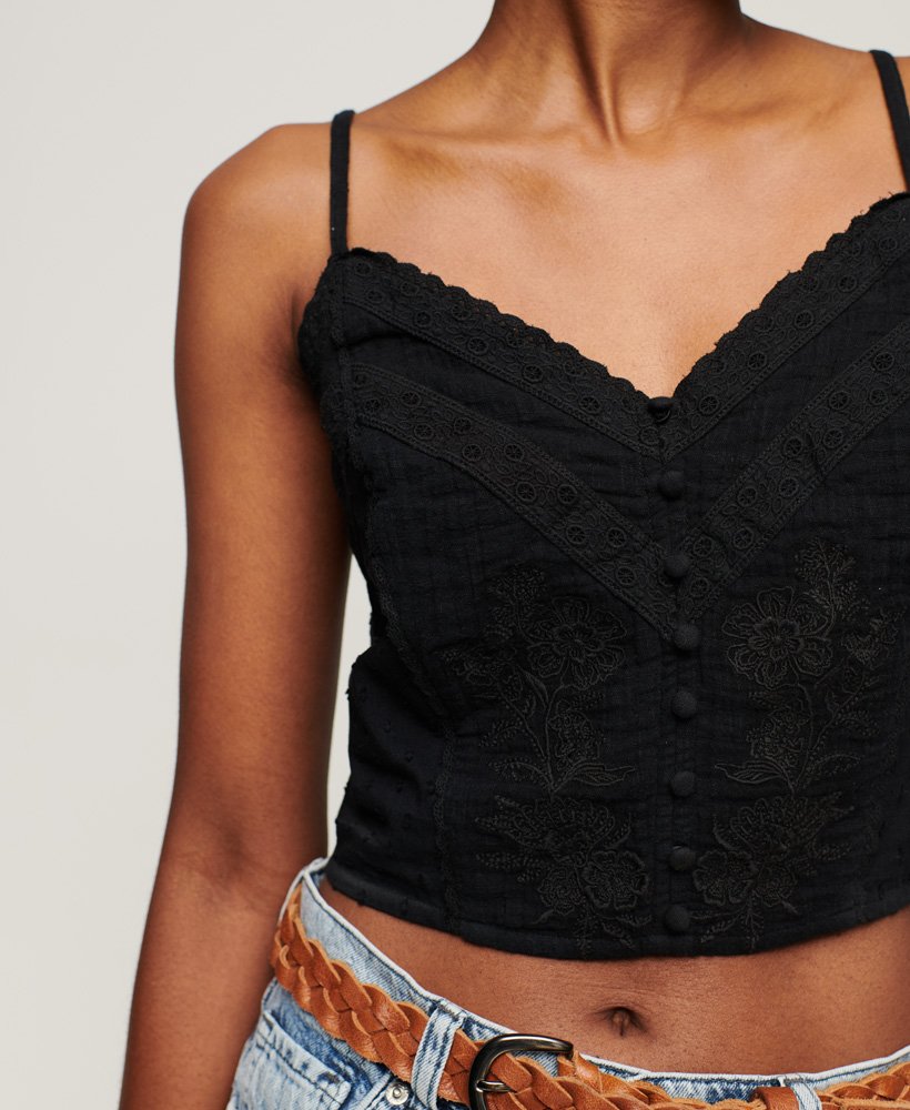 vintage geborduurd camisoletopje in zwart