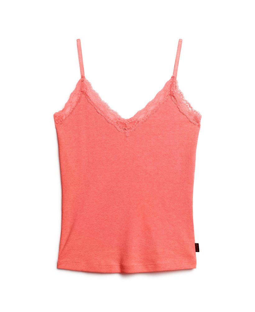 essentiële ribgebreide kanten camisole van biologisch katoen in pastel koraal.