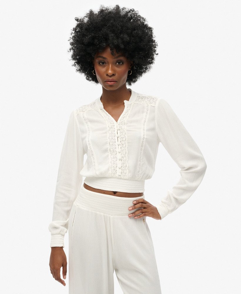 blouse met lange mouwen en kanten afwerking in ecru