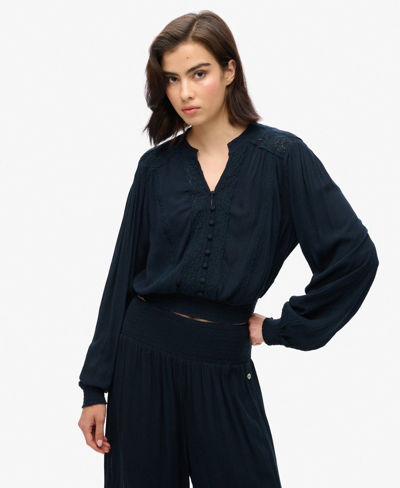 blouse met lange mouwen en kanten afwerking in eclipse navy