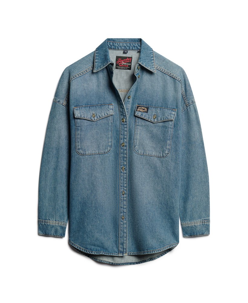 oversized denim shacket in antiekblauw