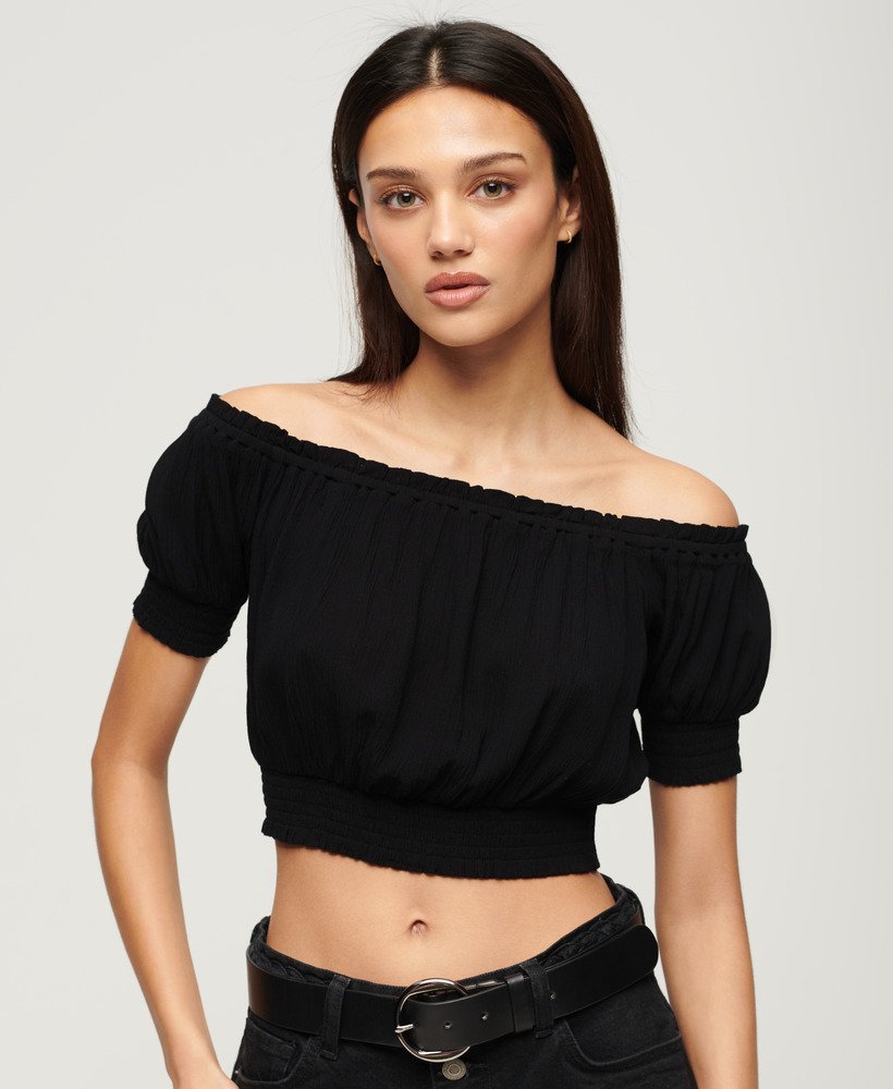geplooide crop top met korte mouwen in zwart