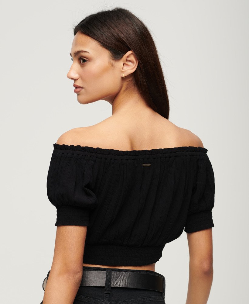 geplooide crop top met korte mouwen in zwart