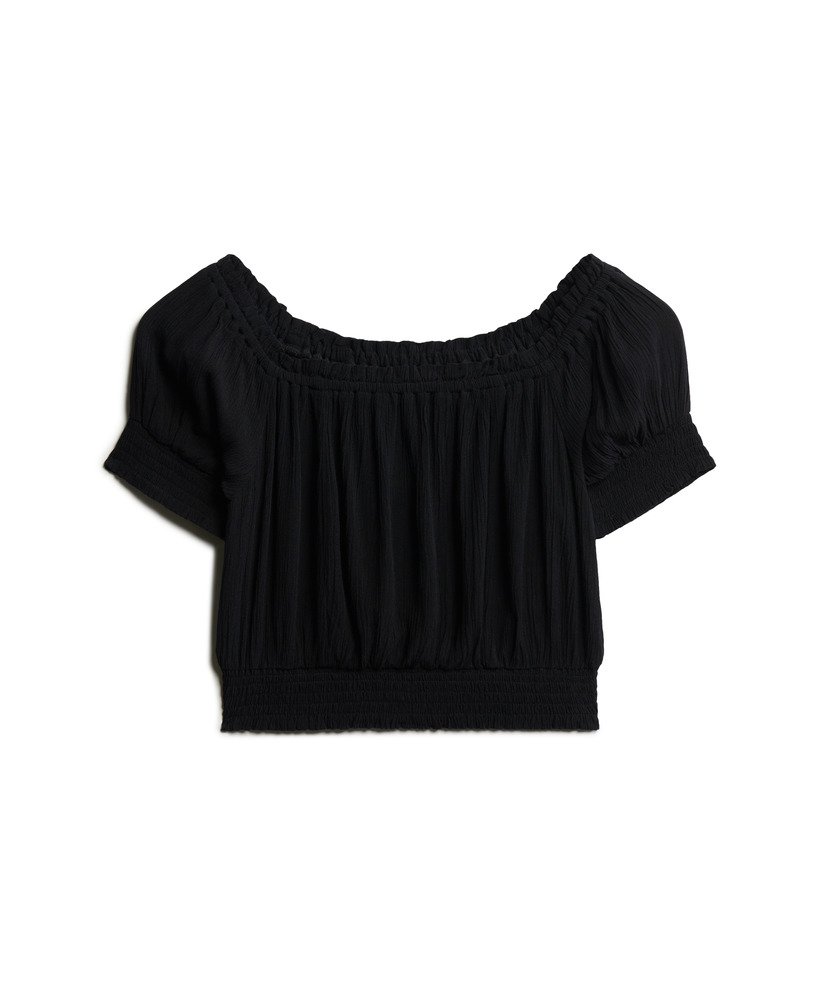 geplooide crop top met korte mouwen in zwart