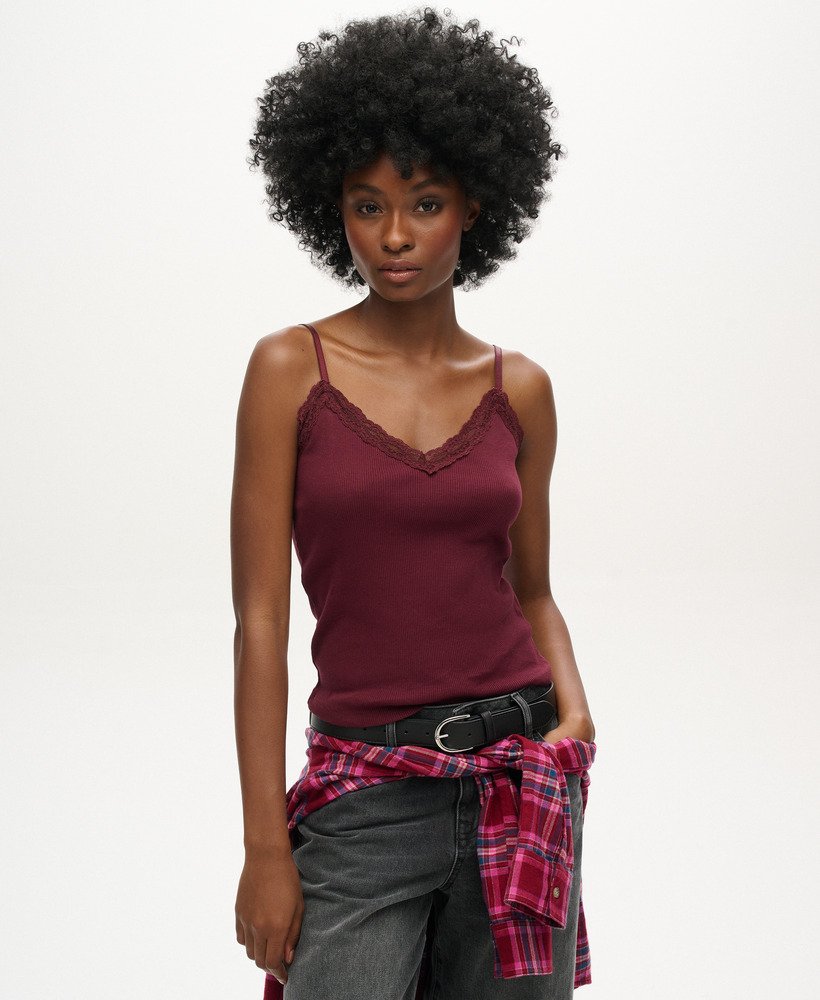biologisch katoenen essential rib lace cami top in port red