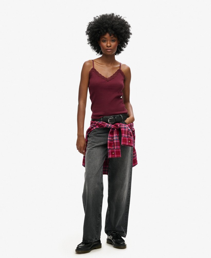 biologisch katoenen essential rib lace cami top in port red
