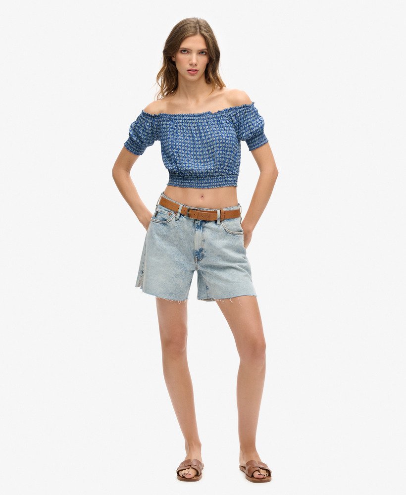 geplooide crop top met korte mouwen in mini geometrisch blauw