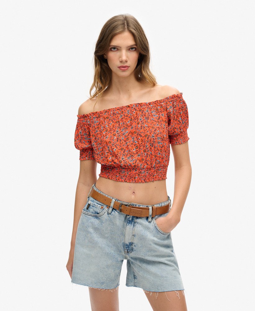 geplooide crop top met korte mouwen in herfstbloesemoranje