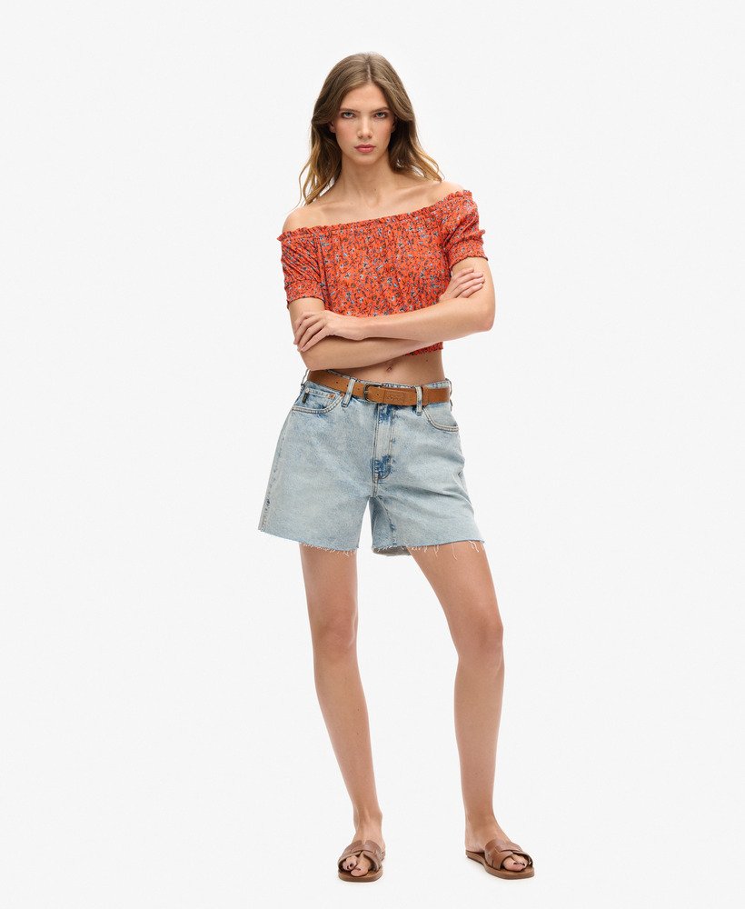 geplooide crop top met korte mouwen in herfstbloesemoranje