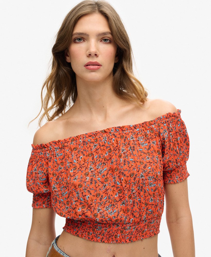 geplooide crop top met korte mouwen in herfstbloesemoranje