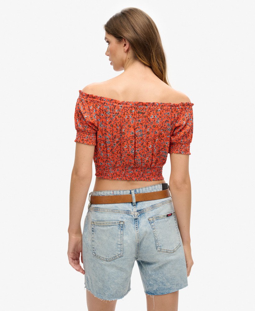 geplooide crop top met korte mouwen in herfstbloesemoranje