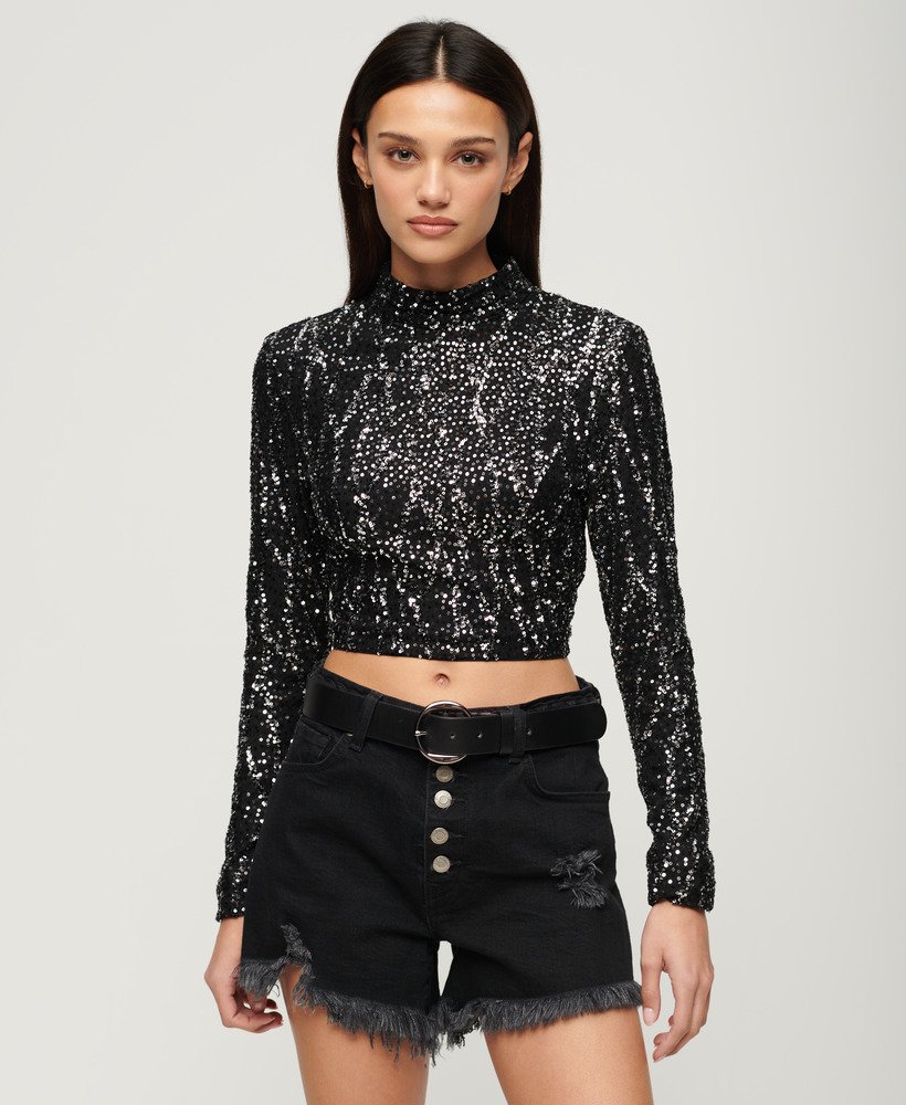 crop top met lange mouwen en pailletten in zwart