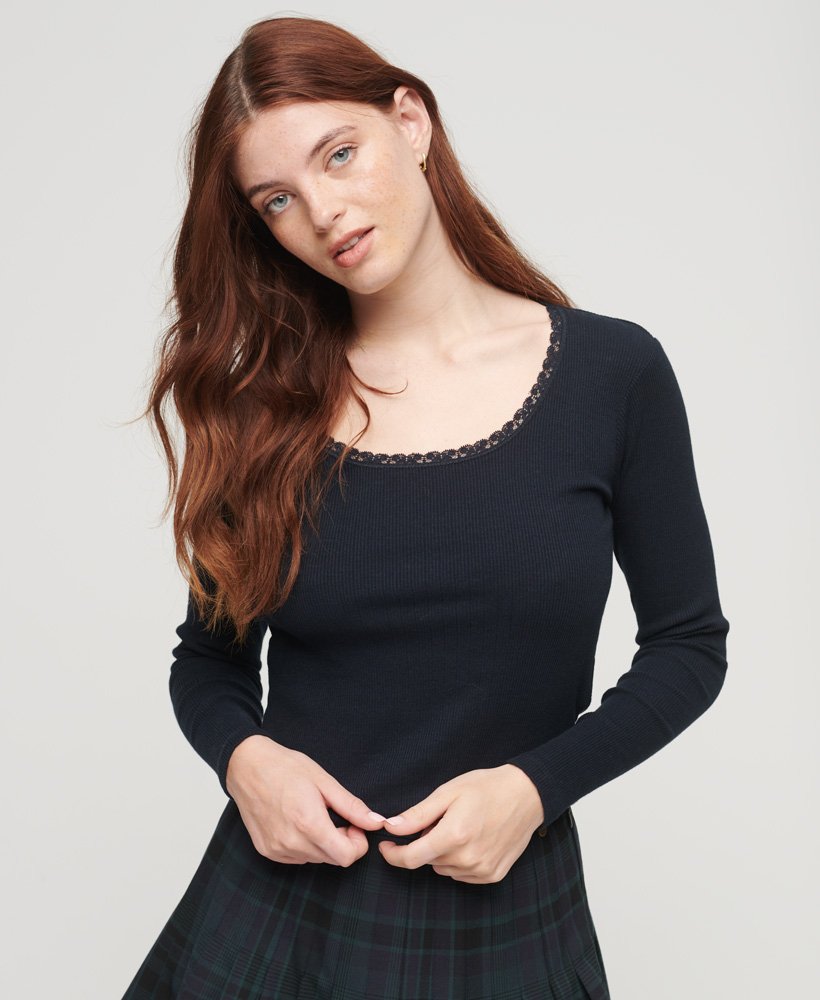 essential long sleeve rib lace top in eclipse navy marl