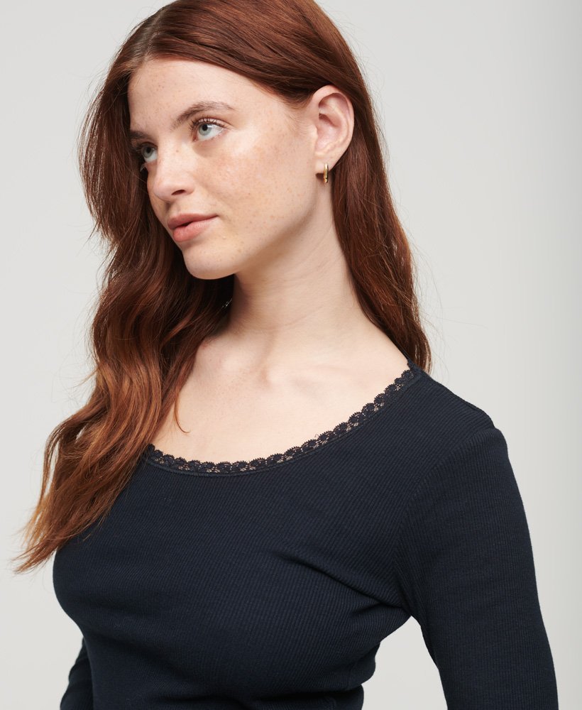 essential long sleeve rib lace top in eclipse navy marl