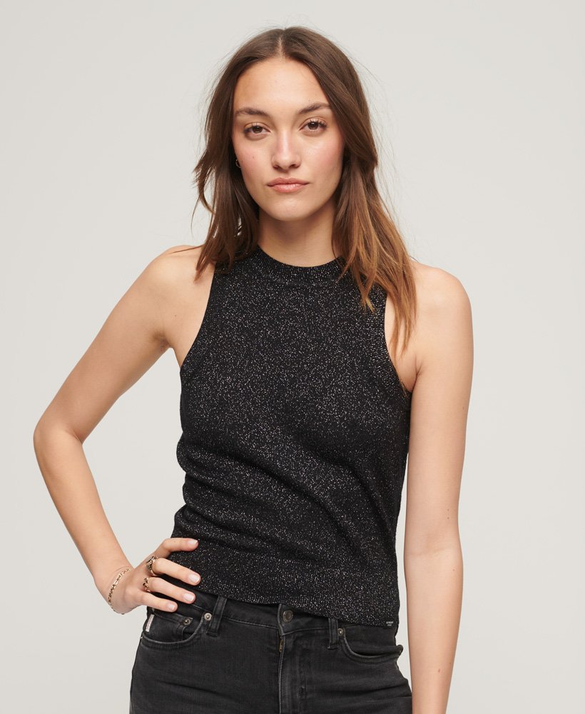 gebreid vest met ronde hals van merinowol in metallic zwart.