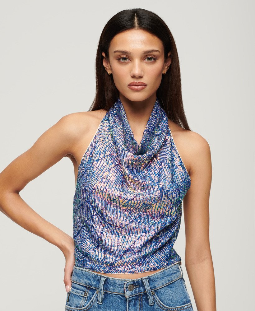 haltertop met watervalhals en pailletten in diverse kleuren.