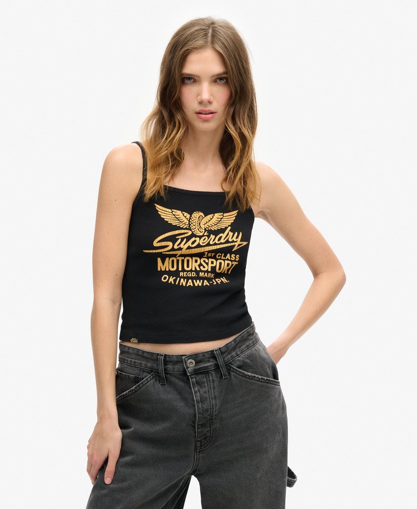 retro rocker graphic rib cami top in zwart