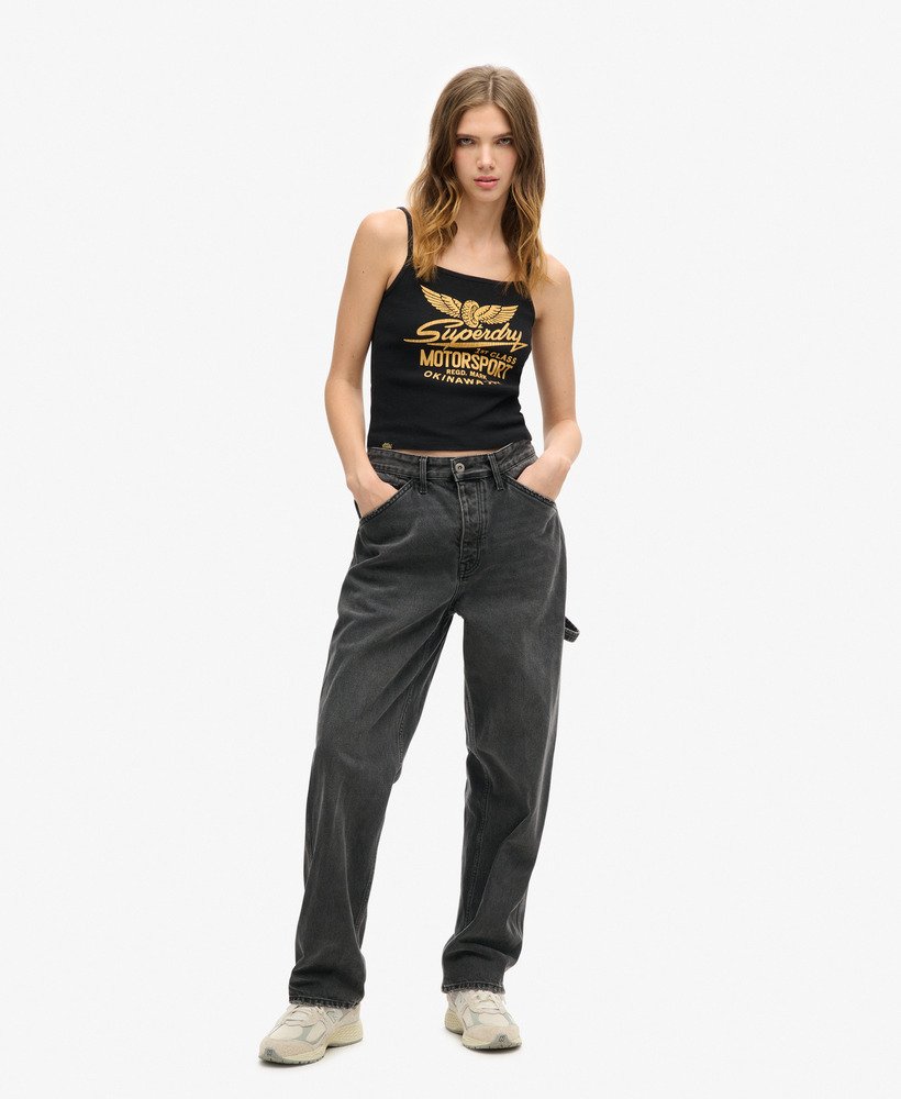 retro rocker graphic rib cami top in zwart