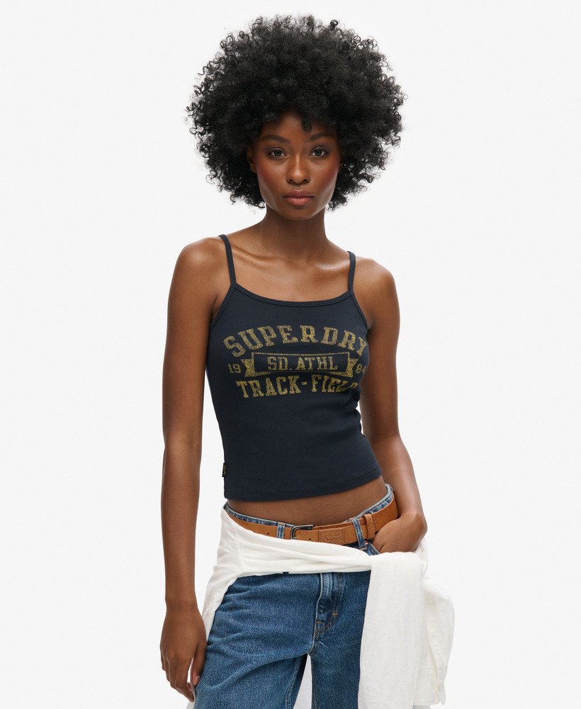 athletic college graphic rib cami top in eclipse navy