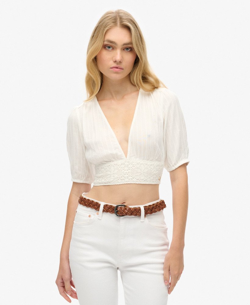 ibiza top met korte mouwen en kanten afwerking in gebroken wit