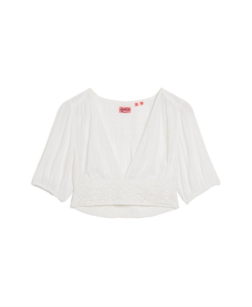 ibiza top met korte mouwen en kanten afwerking in gebroken wit