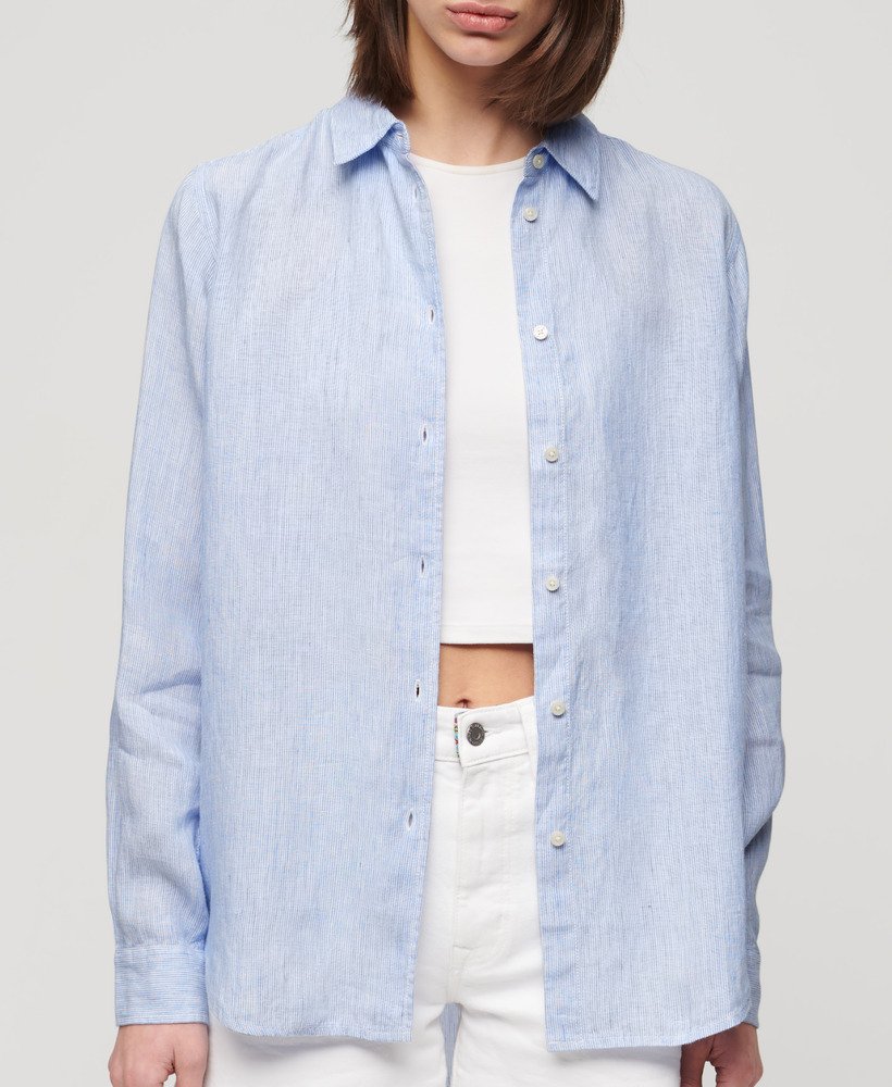 casual linnen boyfriend-shirt met blauwe strepen.