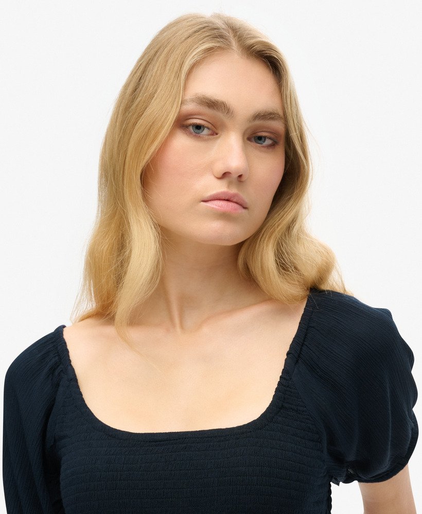 geweven top met smockwerk in eclipse navy