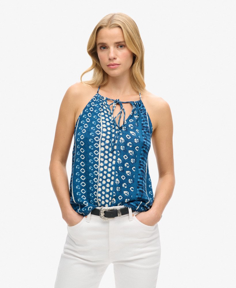 bedrukte haltertop voor op het strand met shibori blauwe rand