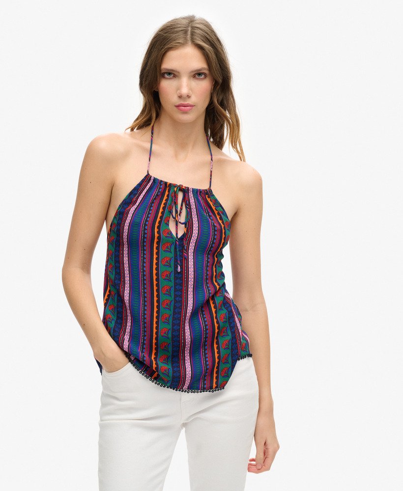 bedrukte haltertop voor op het strand in vera stripe-stof