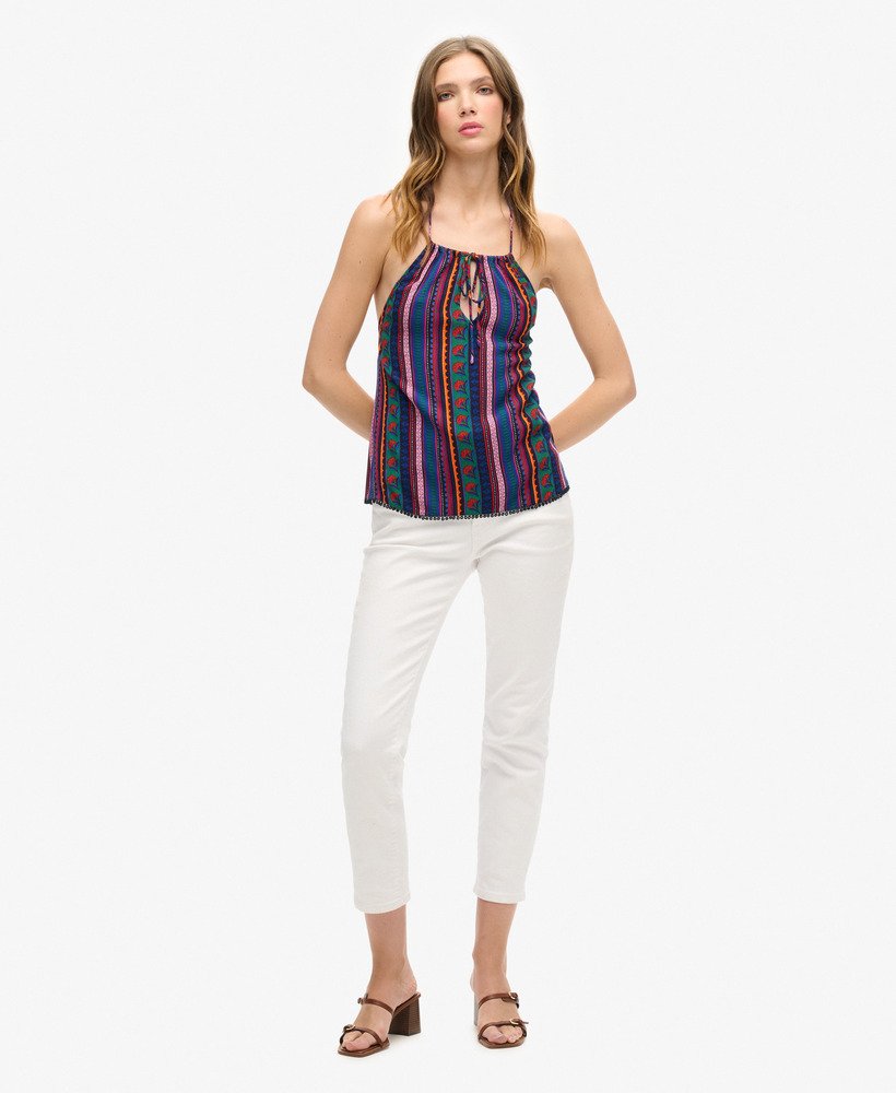 bedrukte haltertop voor op het strand in vera stripe-stof