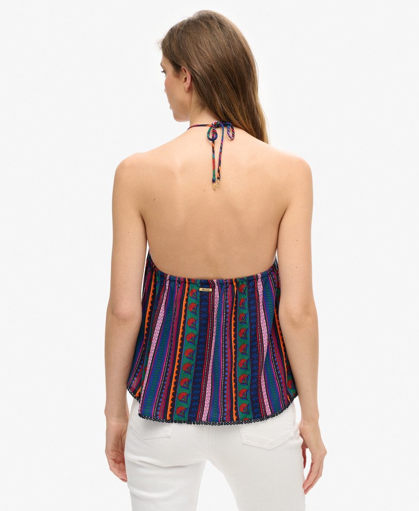 bedrukte haltertop voor op het strand in vera stripe-stof