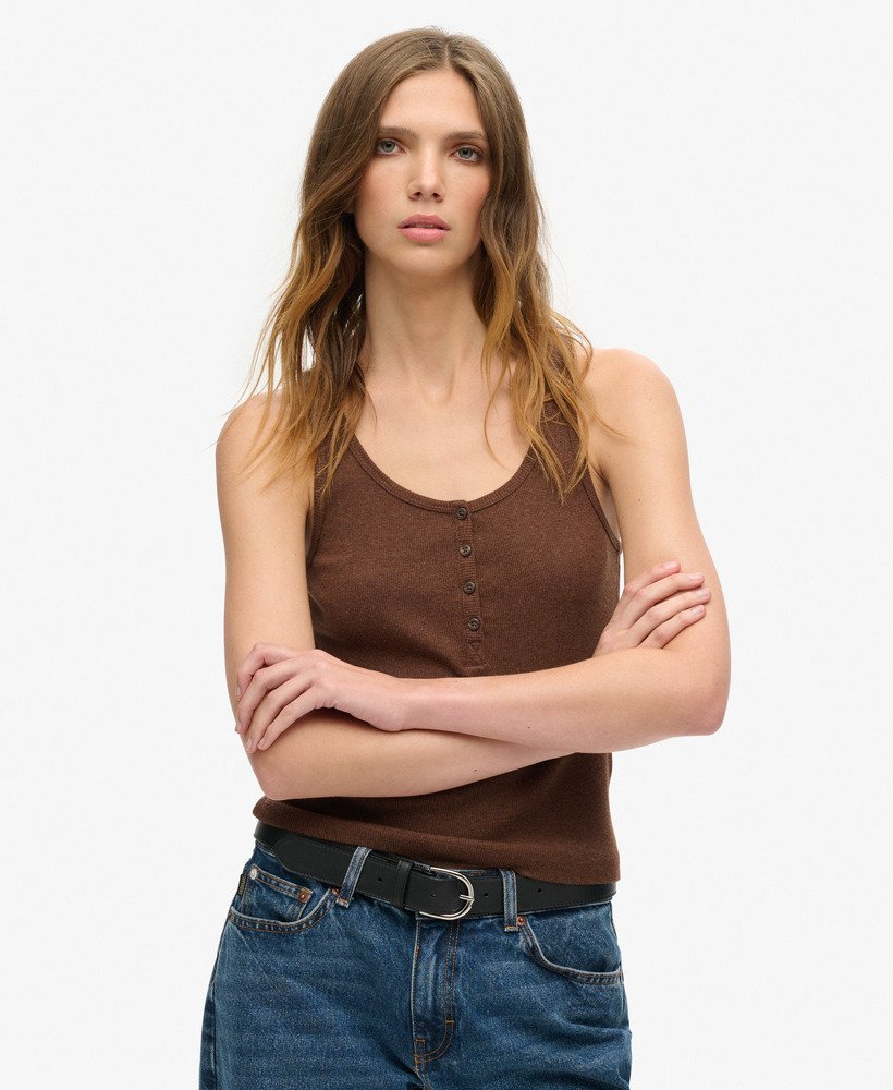 athletic essentials button down vest top in dark chocolate brown marl