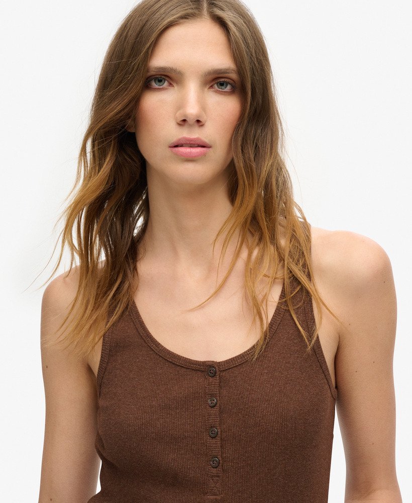 athletic essentials button down vest top in dark chocolate brown marl