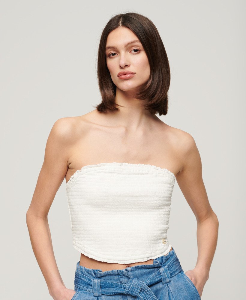 bandeau top met smokwerk in gebroken wit.