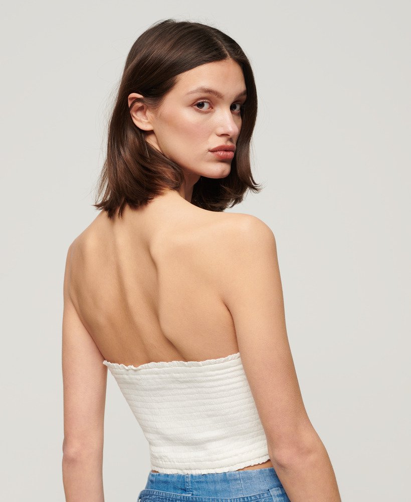 bandeau top met smokwerk in gebroken wit.