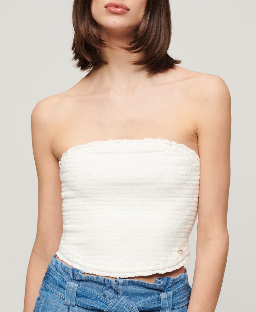 bandeau top met smokwerk in gebroken wit.