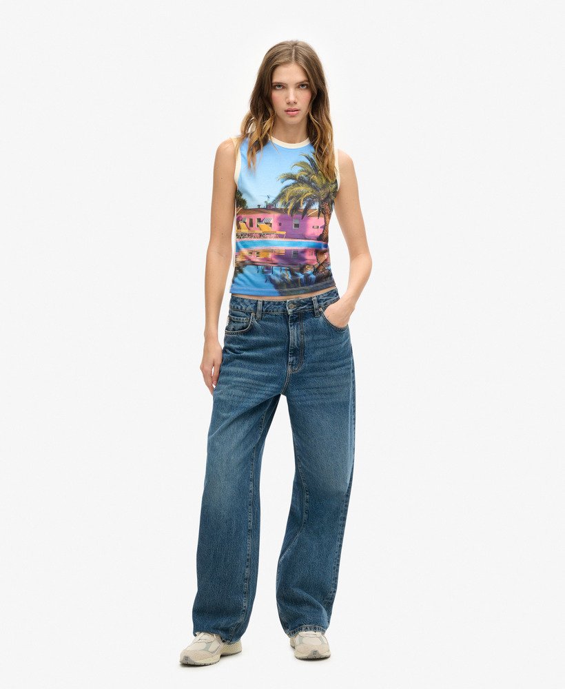 sub print vest top in palm blue aop