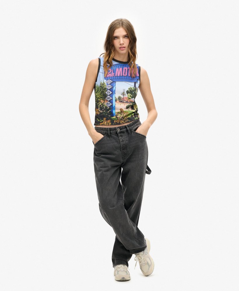 sub print vest top in pink morel aop