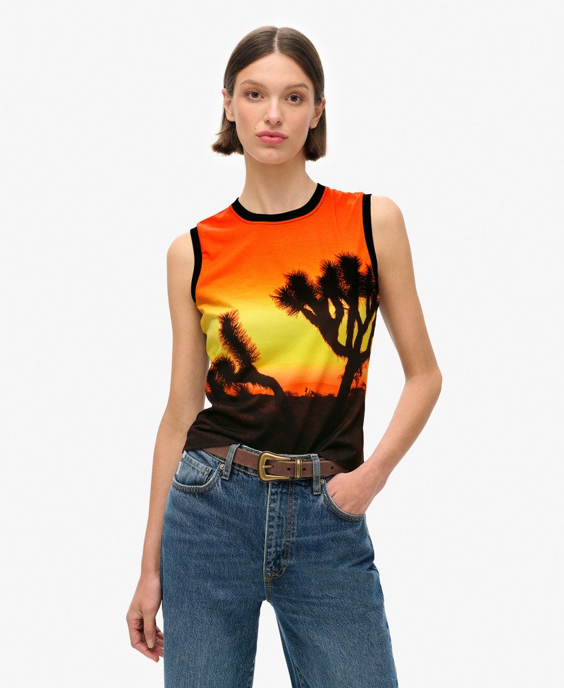 sub print vest top in yellow sunset aop