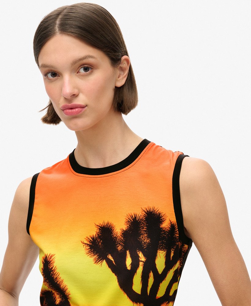 sub print vest top in yellow sunset aop