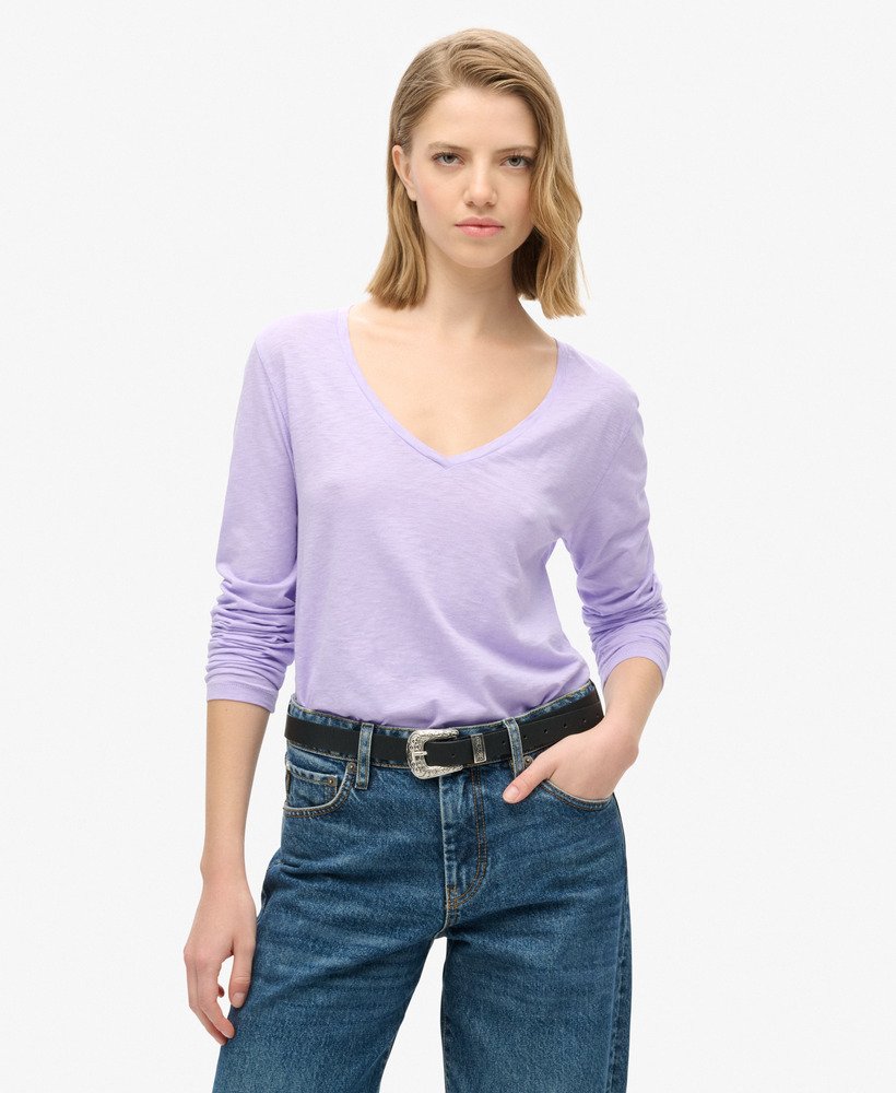 jersey top met lange mouwen en v-hals in licht lavendelpaars