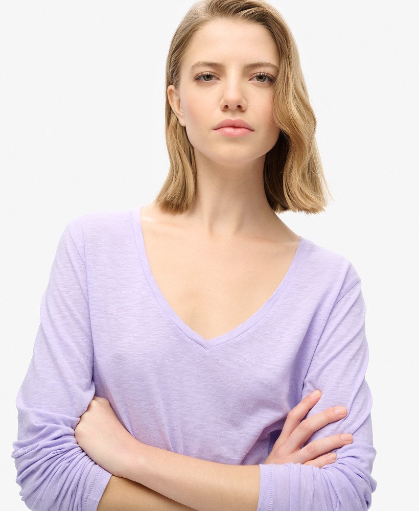 jersey top met lange mouwen en v-hals in licht lavendelpaars