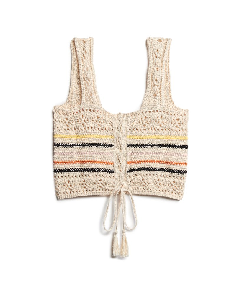 gehaakt cropped vestje met vetersluiting in botercrème ministreepjes