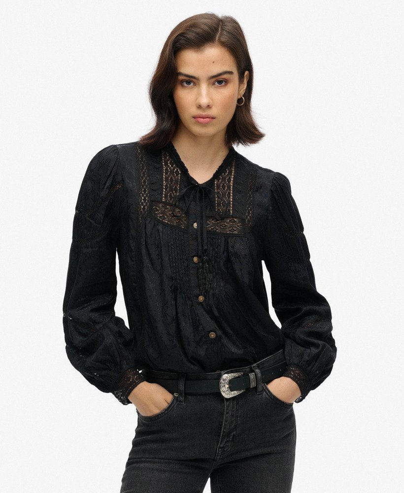 blouse met lange mouwen van geweven kant in zwart