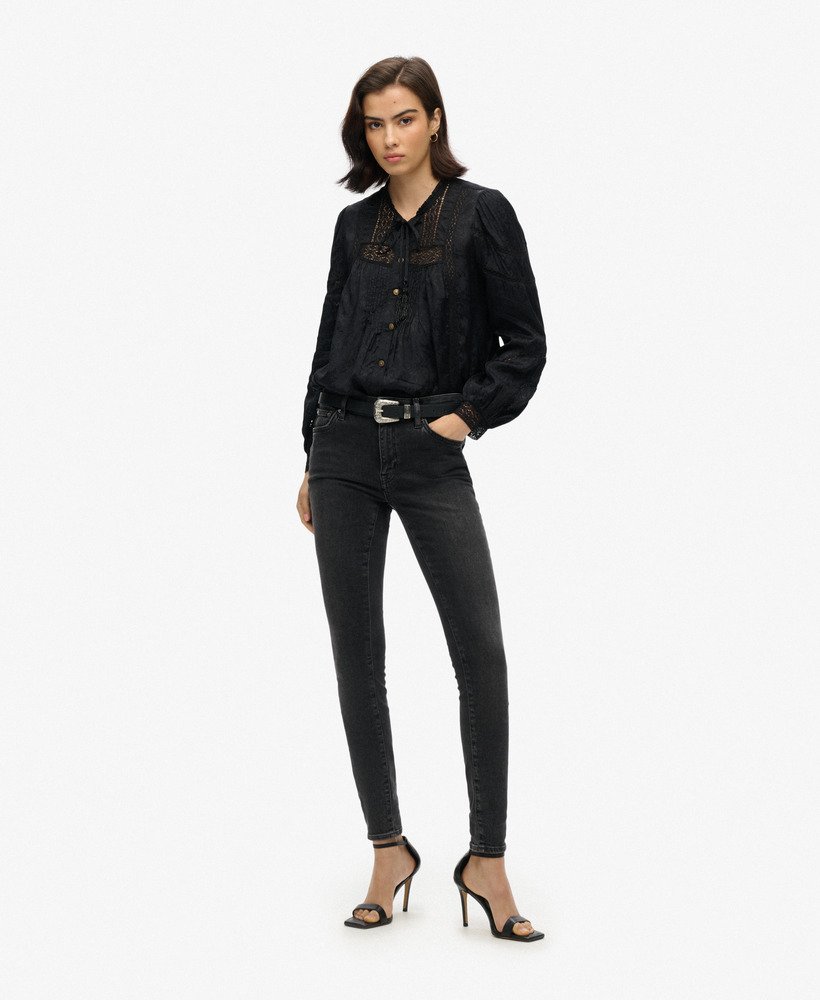 blouse met lange mouwen van geweven kant in zwart