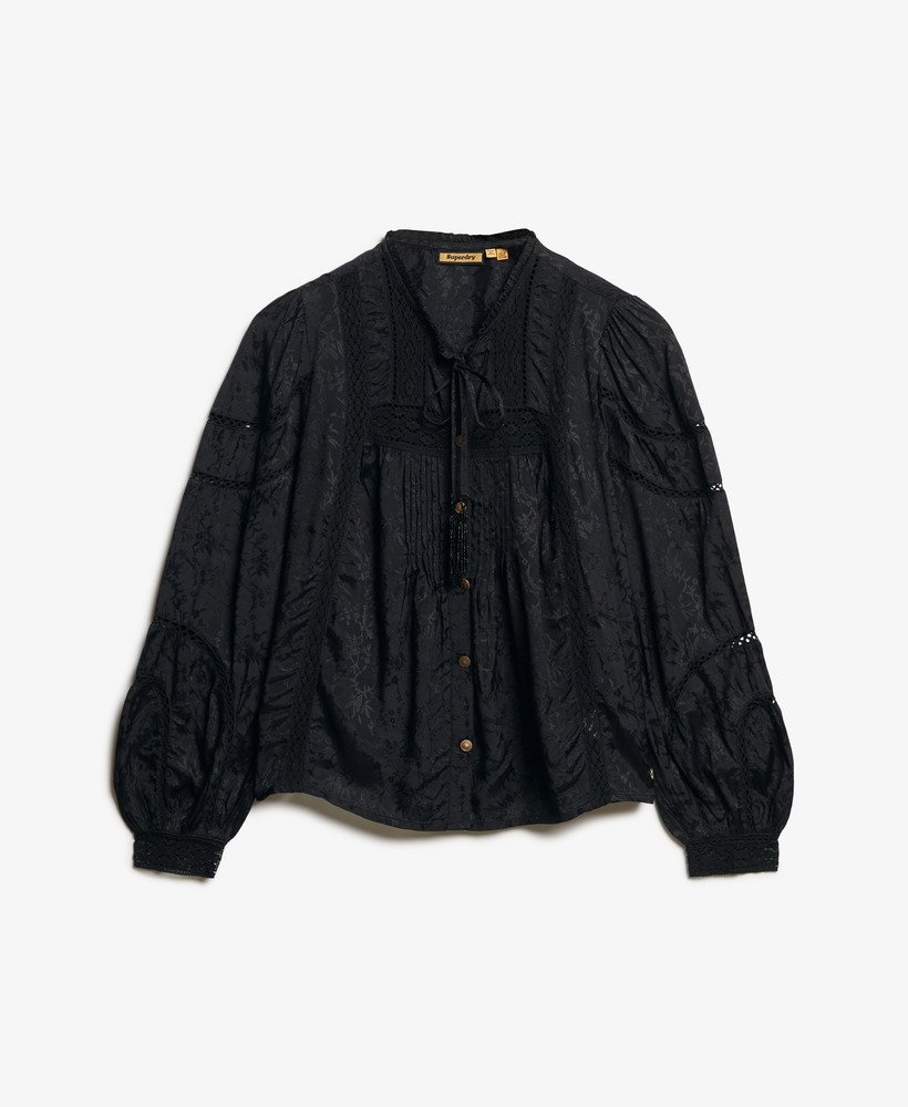 blouse met lange mouwen van geweven kant in zwart