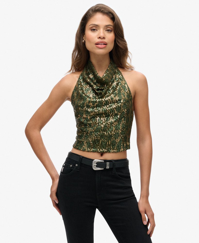 haltertop met watervalhals en pailletten in groen en goud.